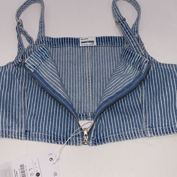 Bershka Strap Detail PinstripesBlue Denim  Zip Up Crop Top In Size Large - Picture 17 of 17